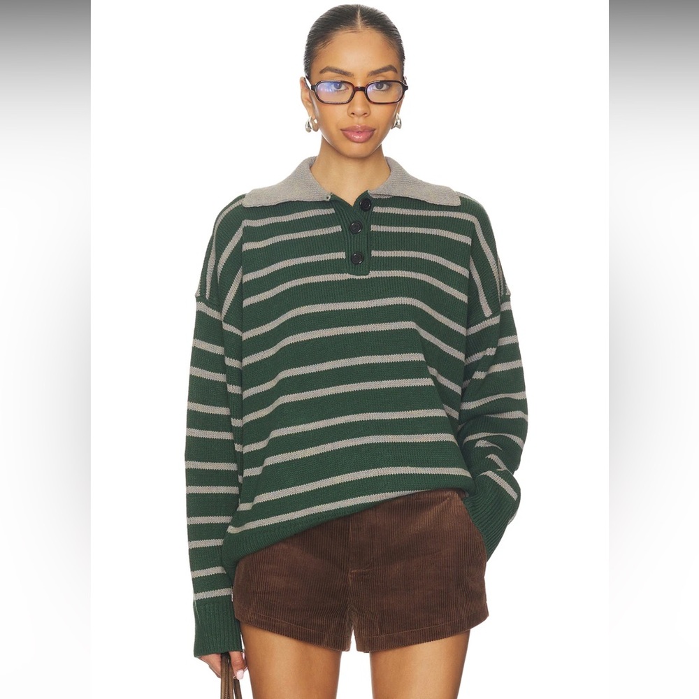 All The Ways Clydie Polo Sweater in Green Stripe